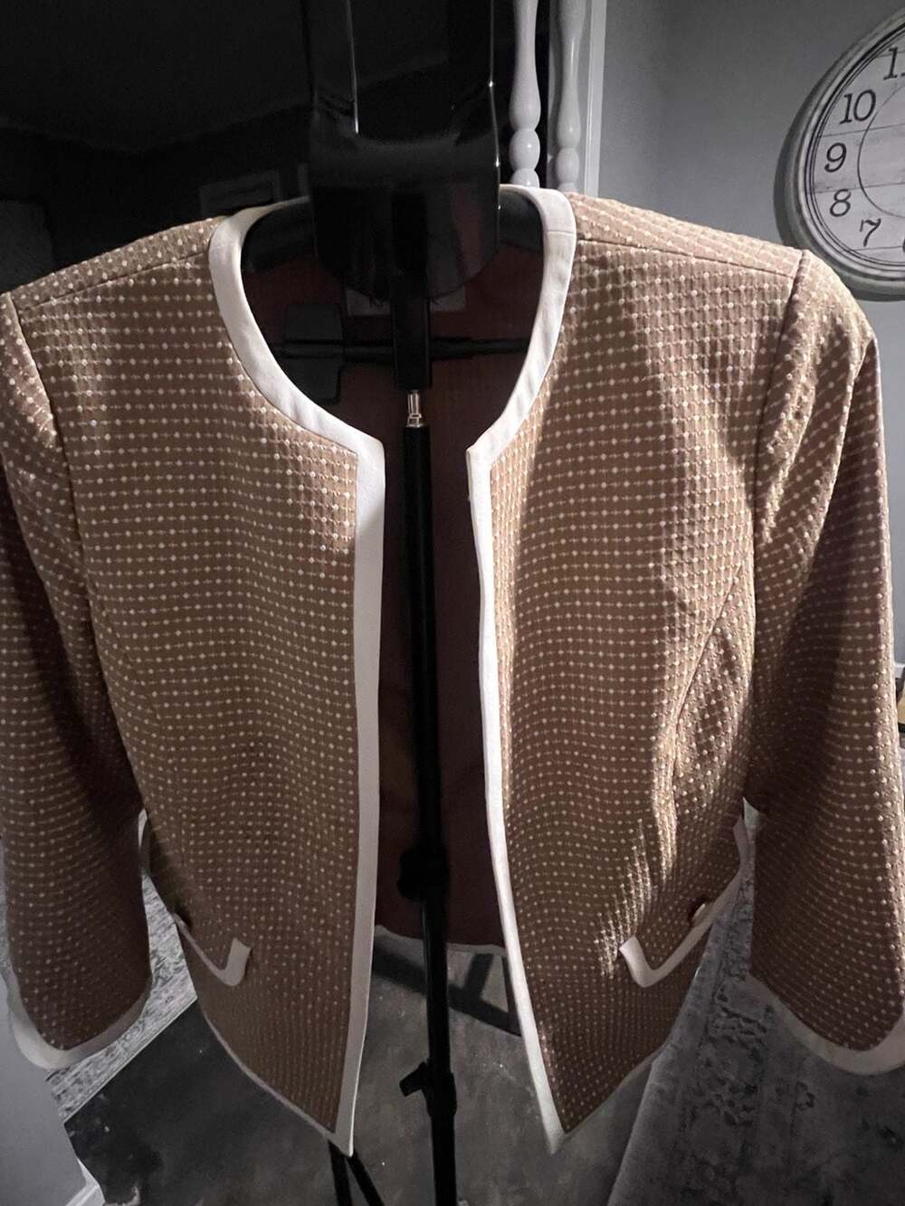 Kasper Open Front Jacket Size 10 Khaki White Trim